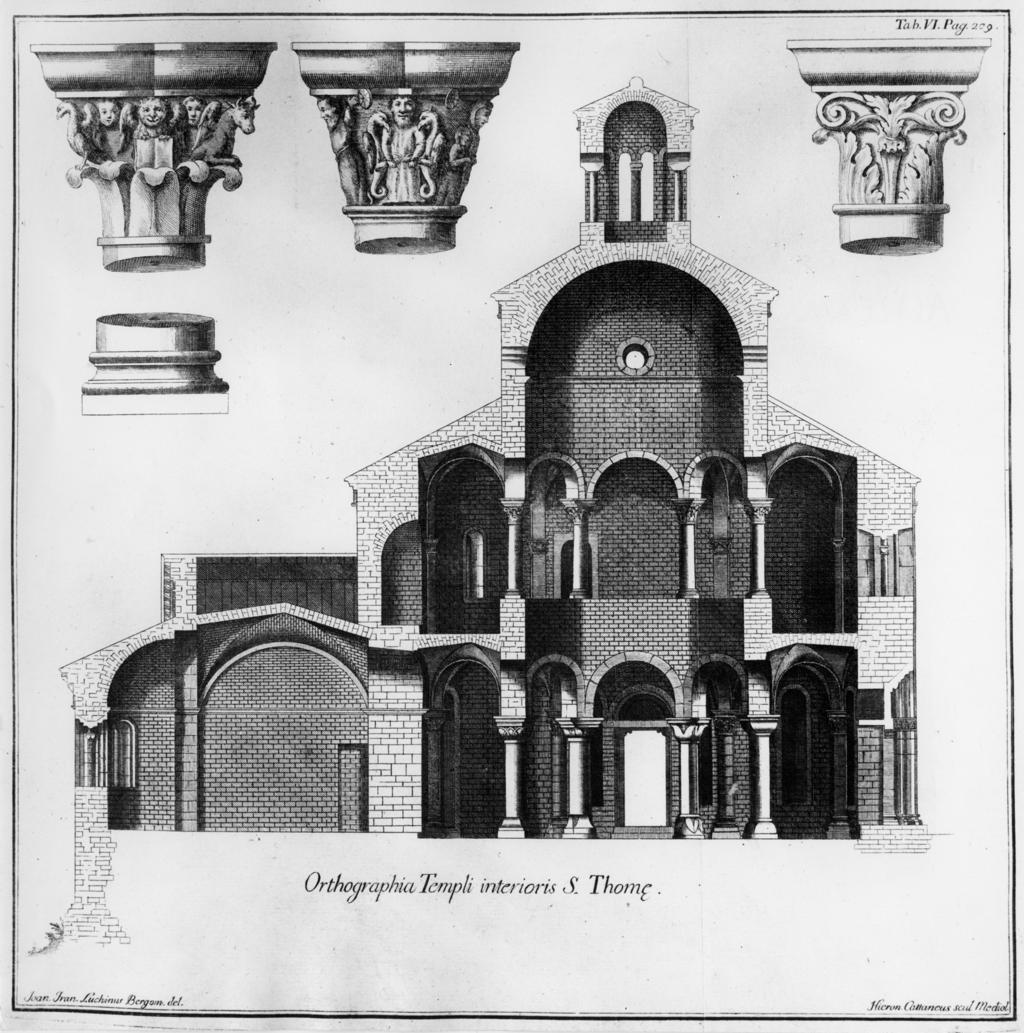 Disegno della sezione e dei capitelli della Rotonda di San Tomè di Almenno San Bartolomeo · Historify